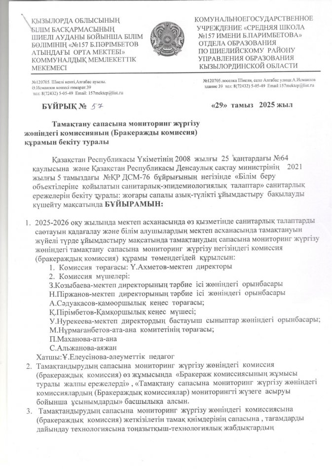 Тамақтану сапасын мониторинг жүргізу жөніндегі комиссияның құрамын бекіту туралы